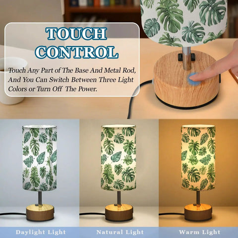 Palm Leaves Watercolor Bedside Table Lamp With 3-Way Dimming And Touch Control, Built-In Charging Station, showing light options