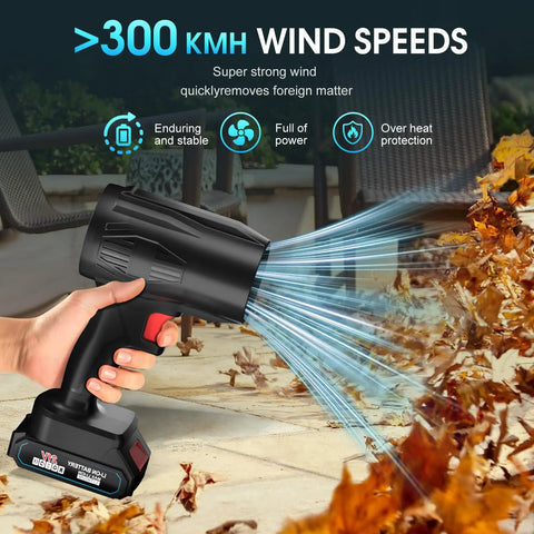 21V Cordless Leaf Blower With 990000 RPM Brushless Motor Dual 6000mAh Batteries clearing leaves on patio, handheld