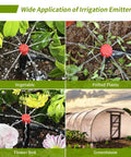 No-Fuss 1/4 Inch Drip Irrigation Emitters Set, 25 Pack in use on vegetable plants, potted plants, flower bed, and greenhouse