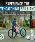 Child riding a bicycle with Spray.Bike Frame Builder's Transparent Finish - Clear Coat Spray Paint, 2pk visible in foreground.