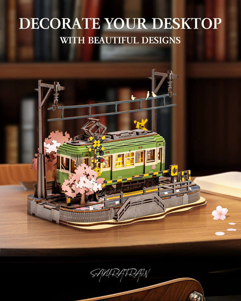 Sakura Journey Tram 3D Wooden Puzzle Kit For Adults 223 Pieces Hands On Model Car Building Set on desk