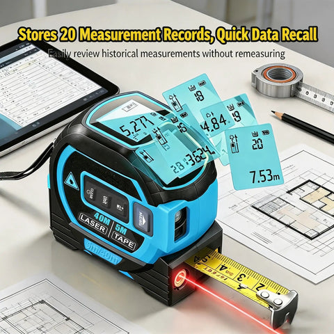 Solid Workhorse 3 In 1 Laser Distance Meter Pairs Up Cross Line Level And Retractable Tape Measure For Dead On Accuracy with measurement records.