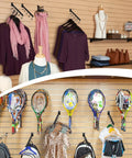 Built Tough Heavy Duty Slatwall Five Hook Waterfall Displays 8 Pack for Retail Merchandising showcasing clothing and accessories.