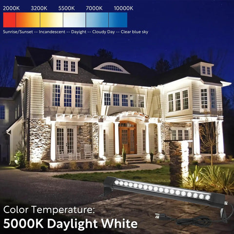 Outdoor Wall Washer Light Bar Pair 36W 5000K Daylight White LED Linear Lighting 2ft 120V illuminating house facade at night
