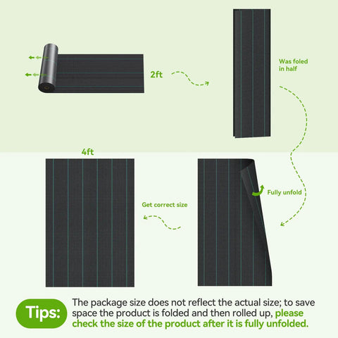 Heavy Duty Woven Weed Barrier Fabric 4 Ft By 300 Ft 3.2 Oz Landscape Underlayment folding and unfolding process diagram