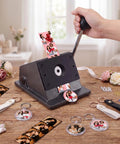 DIY Button Keychain Photo Cutter Kit With 61 Pieces Including 1 Inch Button Cutter 25mm keychains on a wooden table
