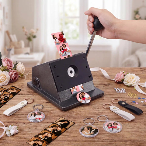 DIY Button Keychain Photo Cutter Kit With 61 Pieces Including 1 Inch Button Cutter 25mm keychains on a wooden table