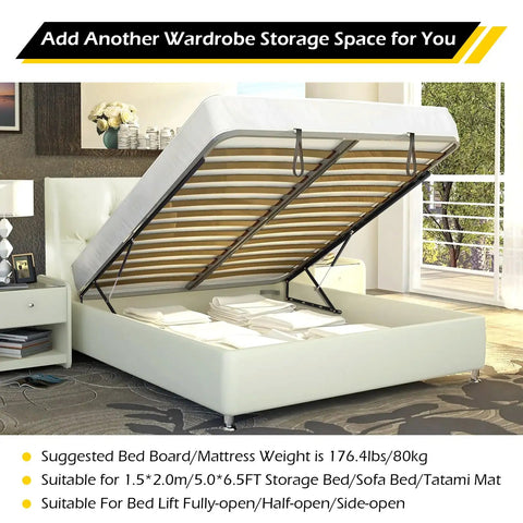 Heavy Duty Hydraulic Bed Lift Mechanism Four Point Six Foot Gas Shocks 176 To 226 Pound Capacity with mattress raised for storage.