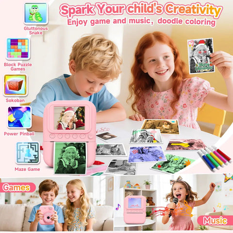 Kids Instant Print Camera Captures 1080P Memories For Fun On The Go A Kid Friendly Digital Camera That Lets Them Snap Sharp Pics And Print Black And White Or Color Prints Great Gift For Budding Shutterbugs. Pink instant print camera with kids using printed photos