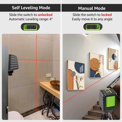 Self Leveling Laser Level With 150 Feet Range Pulse Mode Red Cross Line showing leveling in bathroom and hallway