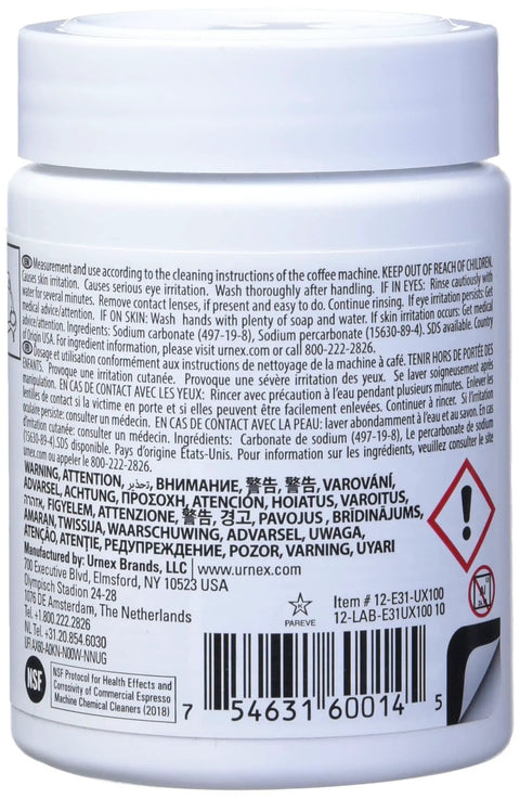 Barista Grade Espresso Machine Cleaning Tablets, Concentrated Formula container back label with instructions and barcode