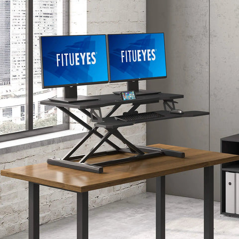 Height Adjustable Standing Desk Converter 36 Inch Wide Sit To Stand Riser For Laptops And Dual Monitors Black Tabletop Workstation