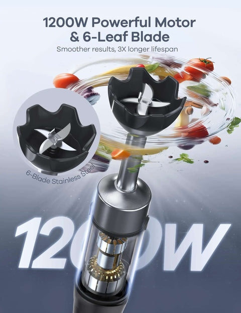 Badass 1200W Immersion Blender With Pure Copper Motor And Six Blade Handheld Mixer Featuring Variable Speed That Tears Up Ice And Fruits For Silky Soups And Shakes close-up of 6-blade stainless steel mixer with motor detail.