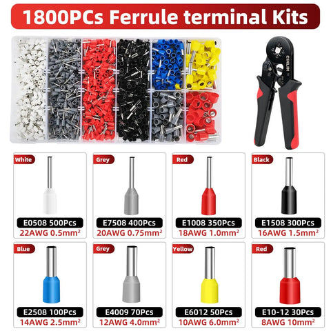 Grab This Epic Cinlin Crimping Tool Kit Featuring Self-Adjusting 4-Corner Ratchet Pliers, AWG 23 To 7 Gauge Ferrule Connectors, And A Massive 1800 Piece Terminal Set Perfect For Your Car Audio Setup Or Any Toughest DIY Projects Around The House Today. 1800-piece ferrule terminal kit with crimping pliers and color-coded wire connectors