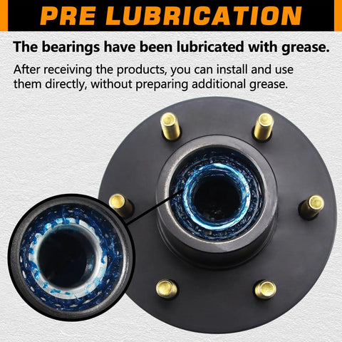 Close-up of pre-lubricated 25580 inner bearings on Six Lug 5.5 Inch Trailer Hub Kit for 5200 to 6000 lb axles.