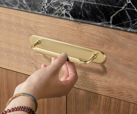 Hand opening drawer with Champagne Bronze Cabinet Pulls 2 Pack With Backplates, 7.5 Inch Center To Center Drawer Handles.