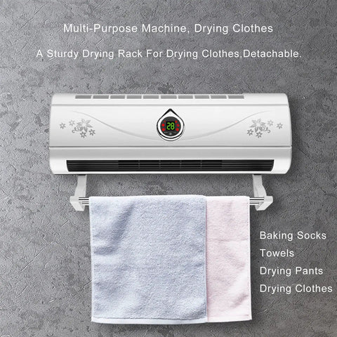 Wall Mounted PTC Ceramic Space Heater With Remote Control Timer Fast Heating For Winter Bathrooms Clothes Drying Rack Solid Build Toasty Heat with blue and pink towels.