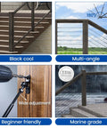One Eighth Inch Black Cable Railing Hardware Kit With Swage Toggle Turnbuckle For Wood Posts In T316 Stainless Steel Deck Cable Railing System, showing multi-angle adjustability and marine-grade durability.