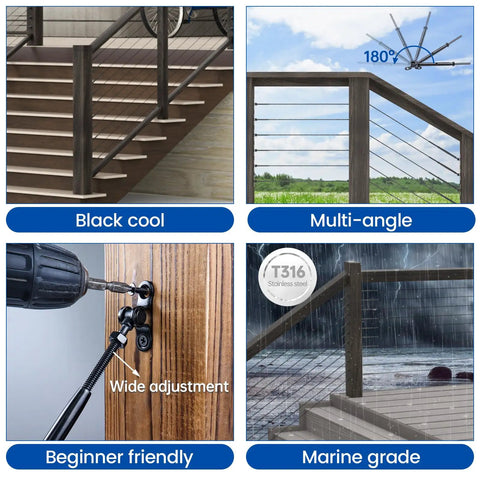 One Eighth Inch Black Cable Railing Hardware Kit With Swage Toggle Turnbuckle For Wood Posts In T316 Stainless Steel Deck Cable Railing System, showing multi-angle adjustability and marine-grade durability.