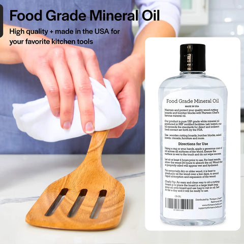 Hands apply Food Grade Mineral Oil For Wood Cutting Boards, Countertops And Butcher Blocks, Knife And Meat Grinder Lubricant on spatula