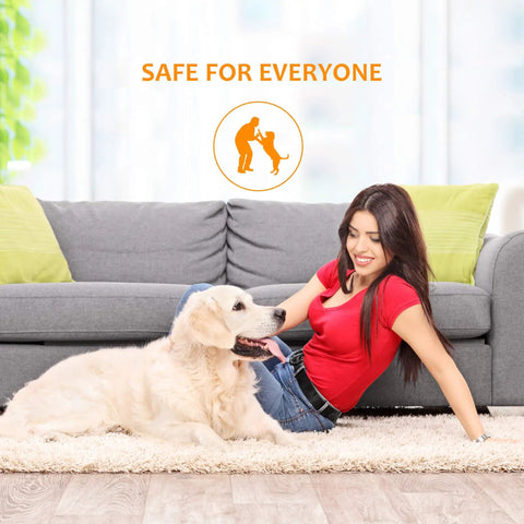 Woman sitting on rug with dog, showcasing safety feature of 12 Piece Premium Large Size Anti Curling Carpet Tape Rug Gripper That Keeps Rugs In Place And Corners Flat, Advanced Yellow Tape, Double Sided With Hard Plastic Center, 2X Adhesive, Reusable No Slip Floor Saver.