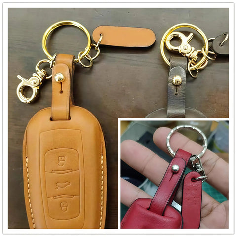 Top Shelf Built Tough Solid Brass Button Studs And Chicago Screws Includes 12 Sets Of 6Mm Round Head Leather Rivets Killer For Belt Wallet Repairs And Custom Crafts Shiny Silver Hardware Kit keychain with gold clip, brown leather, and round keyring.