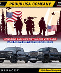 Chevy Silverado and GMC Sierra trucks displayed with military silhouettes and American flags.
