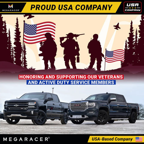 Chevy Silverado and GMC Sierra trucks displayed with military silhouettes and American flags.