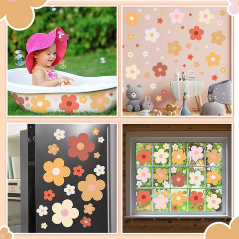 128 Pcs Colorful Flower Wall Sticker Set With Groovy Retro Hippie Vibe Boho Daisy Decals displayed on walls and windows in various settings.