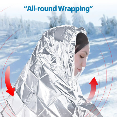 Person wrapped in Mylar Emergency Blankets Space Blanket Thermal Survival Gear for cold weather outdoors.