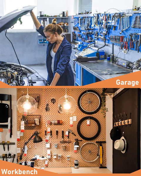 Garage and workbench with organized tools using Heavy Duty Pegboard Hook Kit With 170 Pieces For One Quarter Inch Pegboards