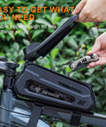 Bike Phone Mount Bag With 120 PSI Tire Pump And 14 In 1 Multitool Tire Lever All In One Trailside Repair Kit, multitool being taken out