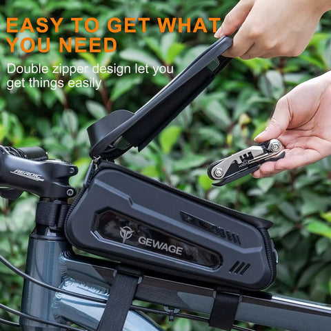 Bike Phone Mount Bag With 120 PSI Tire Pump And 14 In 1 Multitool Tire Lever All In One Trailside Repair Kit, multitool being taken out