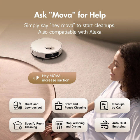 Person using P10 Pro Ultra Robot Vacuum And Mop With 13,000 Pa Suction, Alexa voice control features displayed on carpet.
