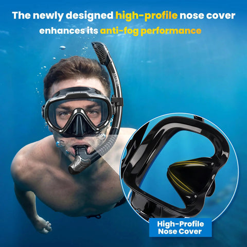Man wearing Dry-Top Snorkeling Gear Set With 180 Degree Panoramic HD Vision Mask, highlighting high-profile nose cover underwater.