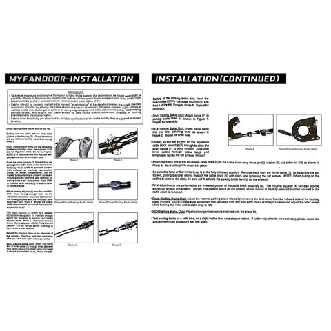 Universal Emergency Parking Brake Cable Kit installation guide with instructions for use and adjustment details.