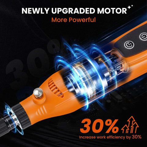 HARDELL mini cordless rotary tool side view, orange plastic body, visible internal gears and front chuck.