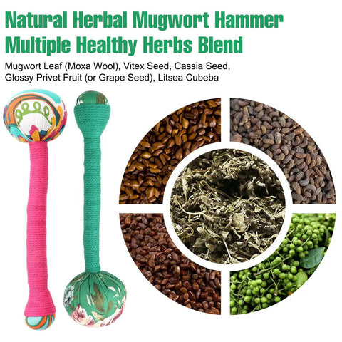 Two Piece Long Herbal Massage Hammer For Lymphatic Drainage And Back Muscle Relief in rose red and dark green with herbal blend