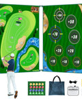 Double Sided Golf Chipping Game Mat 6x5 Ft For Indoor And Outdoor Practice Real Green Putting Scene Plus Score Practice Mat With Sticky Golf Balls For Home Backyard Garage Fun For Adults showing golfer using mat with balls and accessories