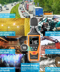 Digital Sound Level Meter With Temperature And Humidity Readouts 30 To 130 DB A Weighted Max Min Data Hold showcased in various environments