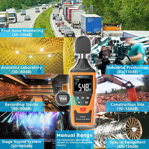 Digital Sound Level Meter With Temperature And Humidity Readouts 30 To 130 DB A Weighted Max Min Data Hold showcased in various environments