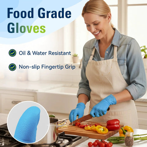 Blue Nitrile Food Prep Gloves Disposable Latex Free Ultra Thin Design Fits Snug And Moves Smooth Chef Kitchen Restaurant Supplies Soft Feel Heavy Duty Grip Comfort with non-slip grip, oil and water resistant.
