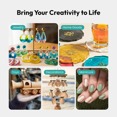 Collage of craft projects including jewelry, home goods, toys, decorations, and manicure, created with Pro Grade Cordless Resin Drill Pen Kit.