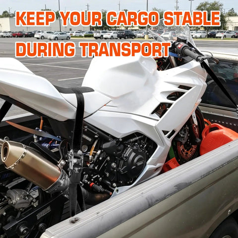 Black Ratchet Tie Down Straps Heavy Duty Towing Gear Lock Your Cargo Tight No Slip Grip For Pickup Trucks And Trailers One Inch By Fifteen Foot 1800 Lbs Breaking Strength 8 Pack securing a motorcycle in a pickup truck.