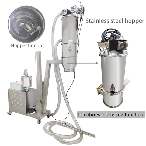 Industrial Grade Pneumatic Vacuum Conveyor And Feeder Loader stainless steel hopper with filtering function for material transfer.