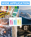 54 Piece Heat Shrink Bullet Wire Connector Kit For 22 To 10 AWG Waterproof Bullet Connectors with applications shown in automotive and marine settings