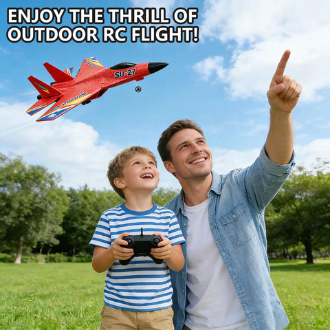 Father and son flying SU27 RC Plane For Adults And Kids, Kid Friendly Remote Control Fighter Jet with LED lights in a park