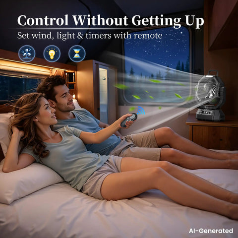 Couple using Portable Camping Fan With Light And Remote in RV, showing oscillating battery powered tent fan with remote