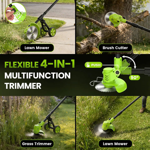 Cordless Weed Wacker With Wheels 4 In 1 Electric Weed Eater Brush Cutter Edger And Trimmer, versatile grass trimmer in use