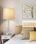 Set Of 2 Touch Control Table Lamps With Dual USB Charging Ports, 3 Way Dimmable, Nickel Finish, Grey Fabric Drum Shades